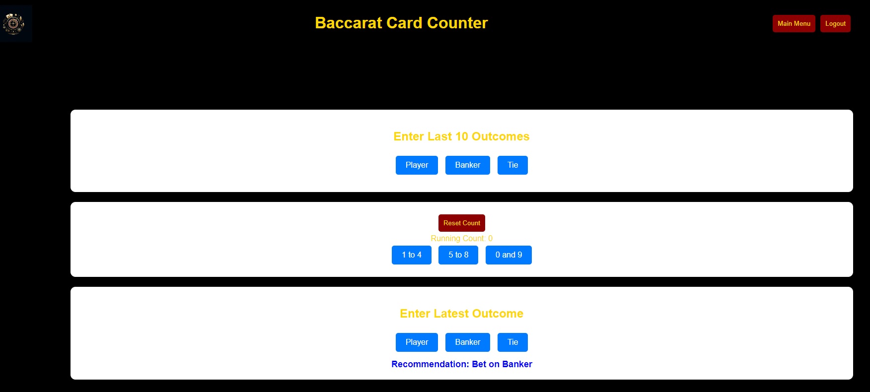 Baccarat dashboard